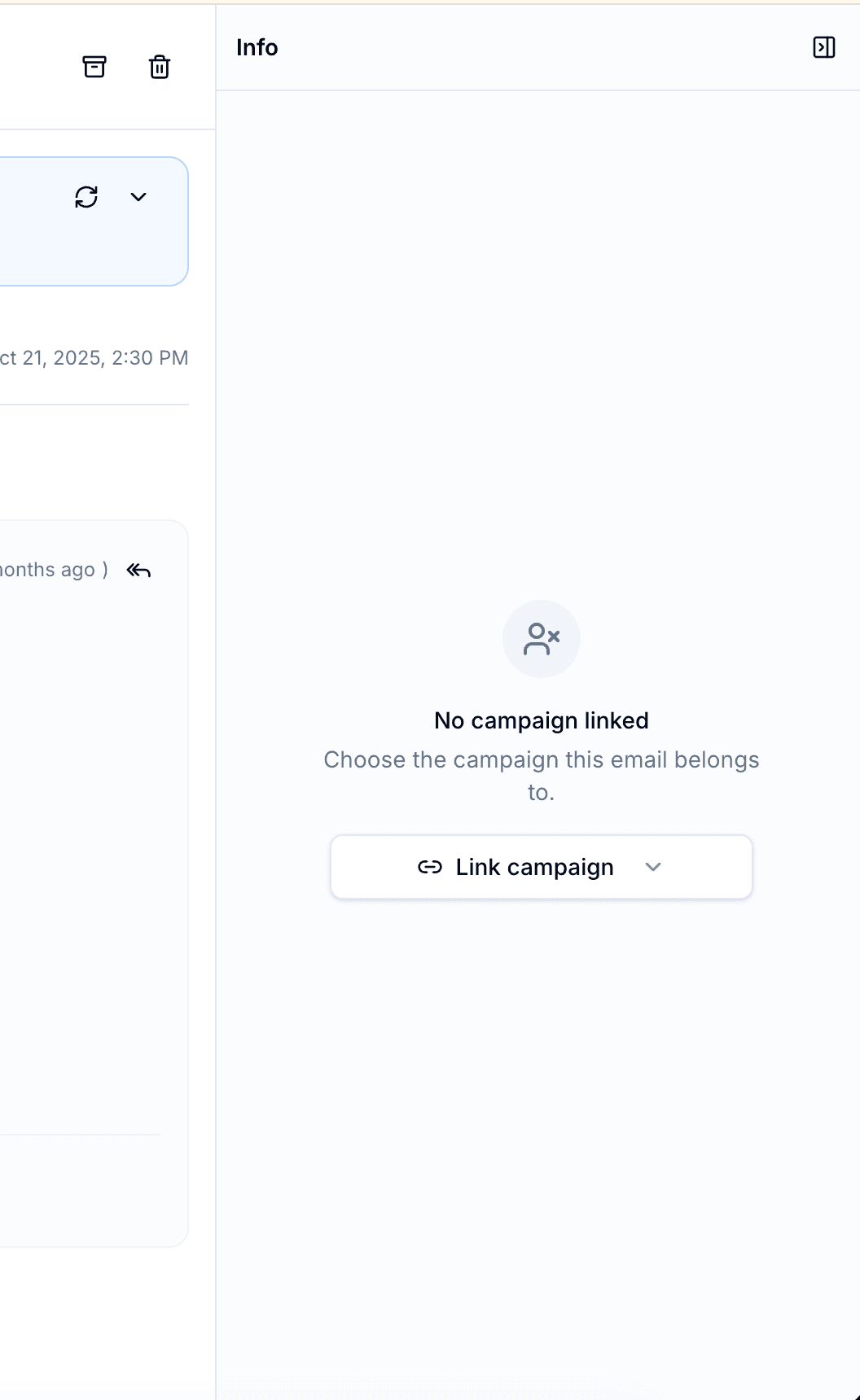 Inbox info panel showing no campaign linked and the Link campaign button