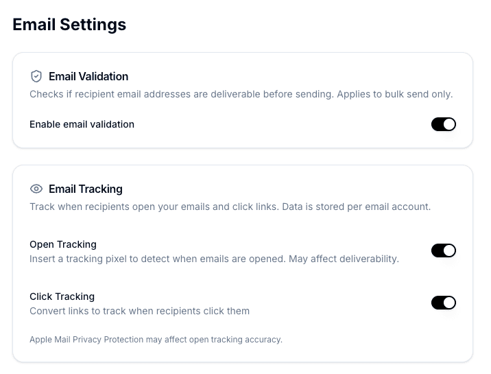 Email settings page showing email validation, open tracking, and click tracking toggles