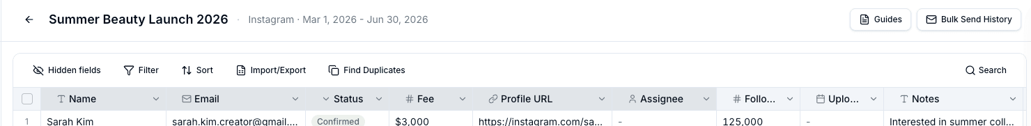 Campaign detail influencer table showing influencer-level system columns
