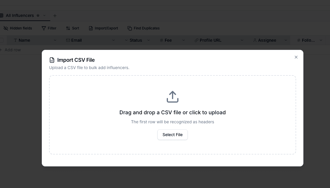 Import CSV dialog with drag-and-drop upload area