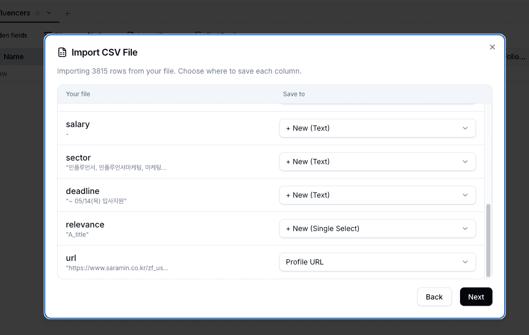 CSV import mapping step showing file columns and destination columns