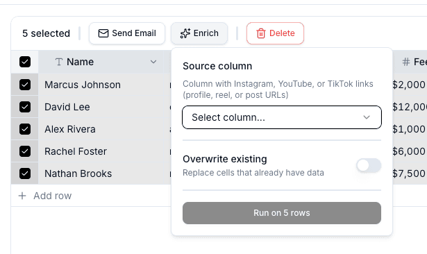 Enrichment panel asking for a source column before running on selected rows