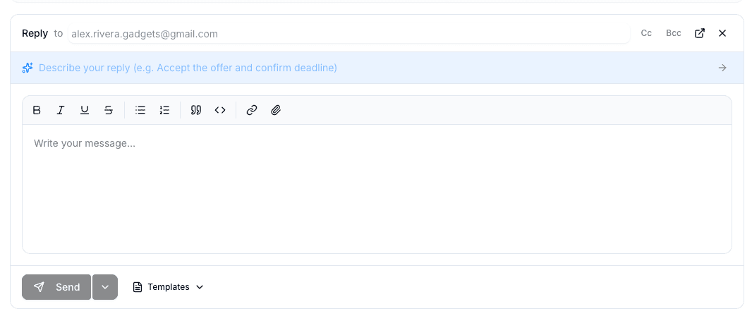 Reply composer with formatting toolbar, AI prompt row, send button, and templates menu