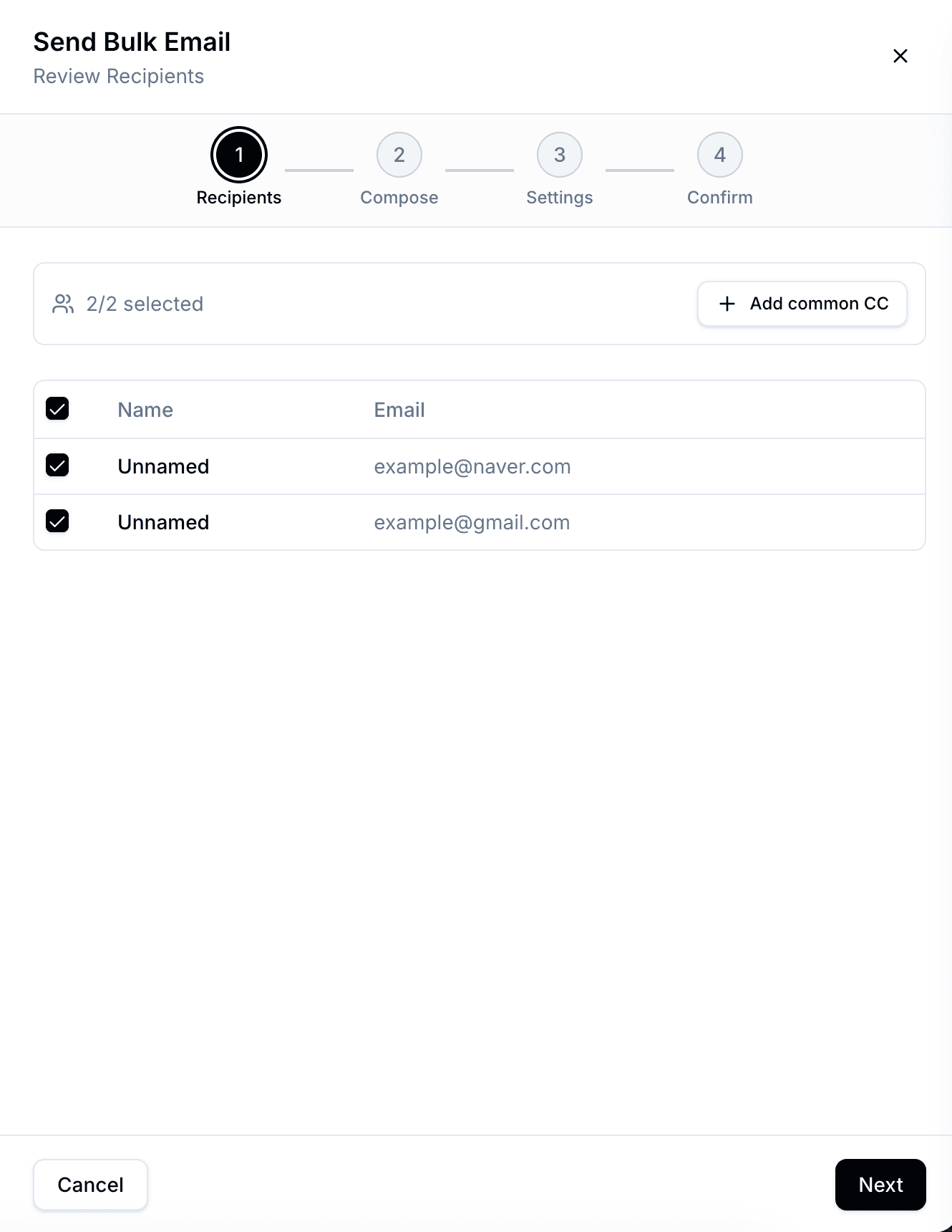 Bulk email wizard recipient review step with selected influencer rows and Add common CC button