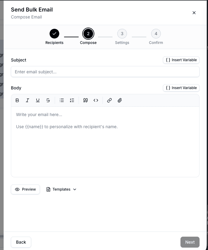 Bulk email wizard compose step with subject, body editor, variable buttons, preview, and templates
