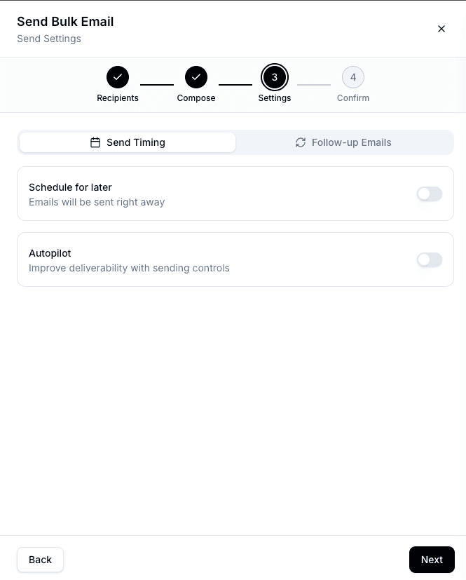 Bulk email wizard settings step with send timing and follow-up email tabs